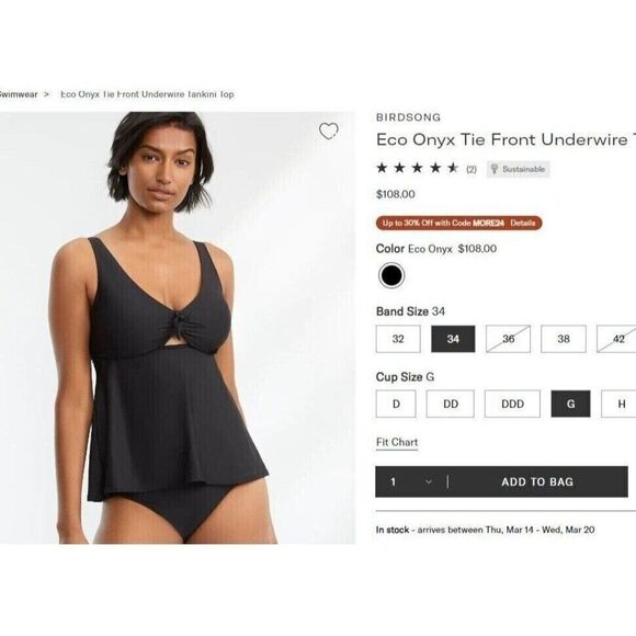 Birdsong Bare Necessities Size 36I Underwire ECO ONYX Tie Front Tankini Swim Top - Picture 2 of 12